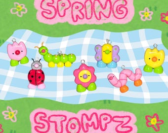 silly spring stompz charms for phone, keychain, water bottle! dangle strap clip on charms - flowers and bugs edition!