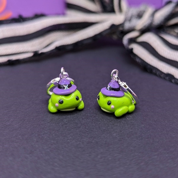 frog huggie hoops handmade clay earrings - witch hat froggy