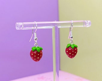 strawberry dangle earrings - cute cottagecore handmade polymer earrings