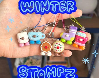 silly winter stompz duos: holiday christmas charms for phone, keychain hot cocoa, marshmallow, sugar cookie and gingerbread, sock and mitten