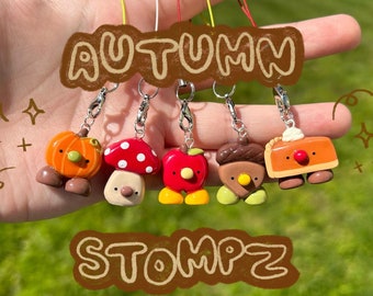 silly autumn stompz charms for phone, keychain, water bottle! dangle strap clip on charms - fall, pumpkin, apple, pie, acorn, mushroom