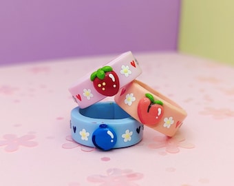 strawberry, blueberry, and peach fruit friendship ring - cute cottagecore handmade polymer clay ring