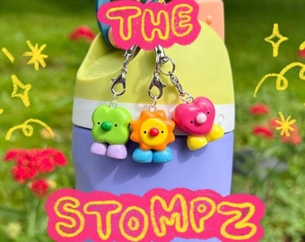silly stompz for phone, keychain, water bottle! dangle strap clip on charms - lovely heart, lucky four leaf clover, happy sun