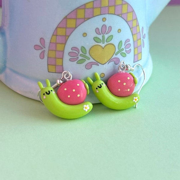 cute smiley strawberry snail earrings - cottagecore handmade polymer clay dangle jewelry