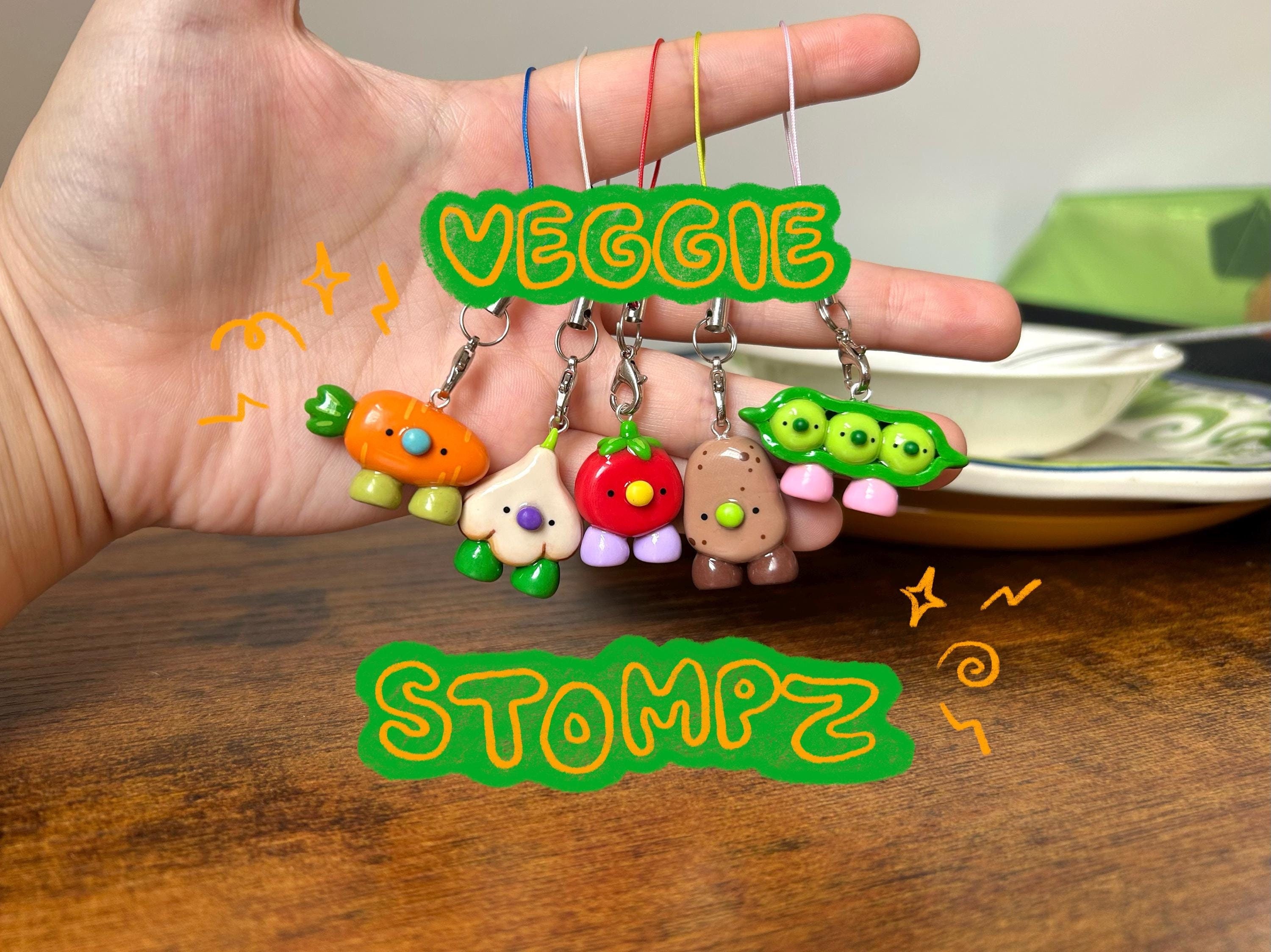 silly veggie stompz charms for phone, keychain, water bottle! dangle strap clip on vegetable charms - carrot, garlic, tomato, potato, peas