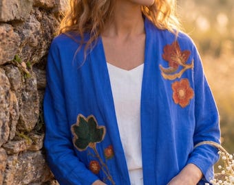 Hand Embroidered Floral Linen Kimono Cardigan, Botanical Open Front Jacket for Women, Cottagecore Cover Up, Custom Fit