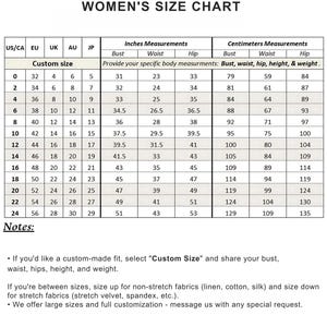 以下が含まれることがあります： WOMEN'S SIZE CHARTと題されたサイズ表。US/CA、EU、UK、AU、JPのサイズ列があります。0から24までのサイズ行とカスタムサイズオプションが含まれ、バスト、ウエスト、ヒップの測定値がインチとセンチメートルで記載されています。