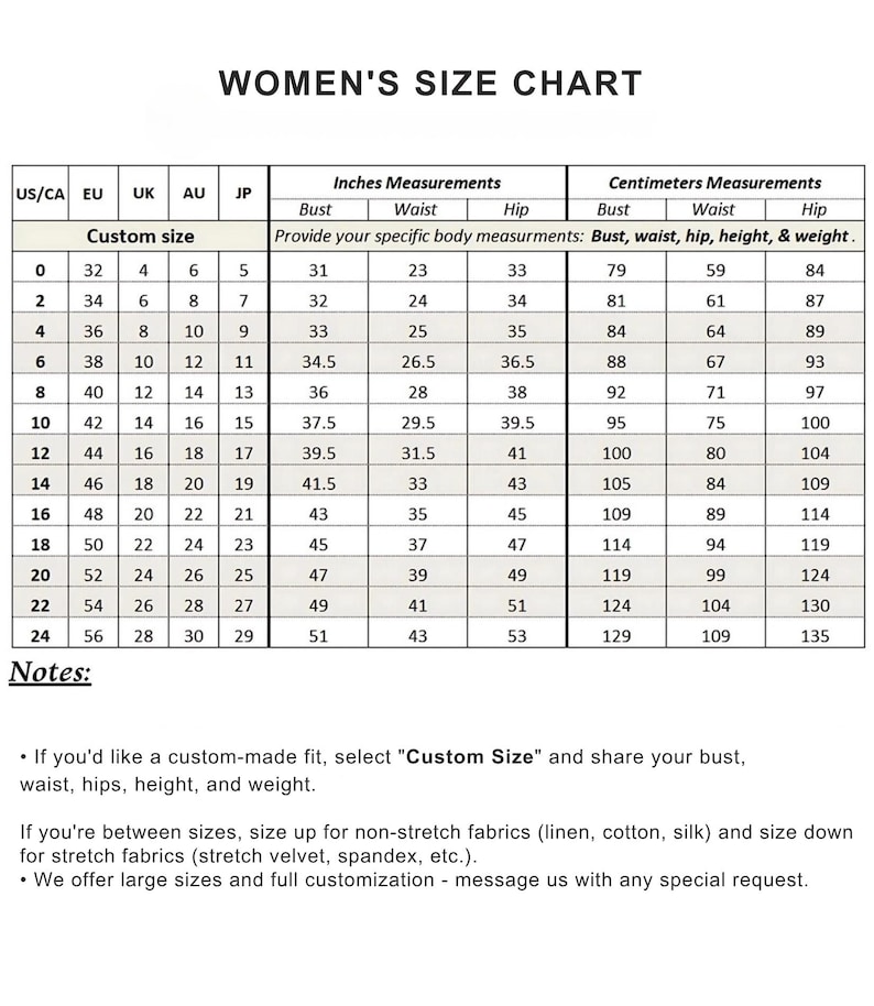 以下が含まれることがあります： WOMEN'S SIZE CHARTと題されたサイズ表。US/CA、EU、UK、AU、JPのサイズ列があります。0から24までのサイズ行とカスタムサイズオプションが含まれ、バスト、ウエスト、ヒップの測定値がインチとセンチメートルで記載されています。