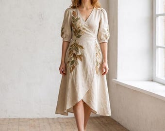 手刺繍リネンラップドレス、Vネックボタニカルミディドレス（パフスリーブ付き）、ボヘミアンエレガントサマーリネンドレス（女性用）、カスタムフィット