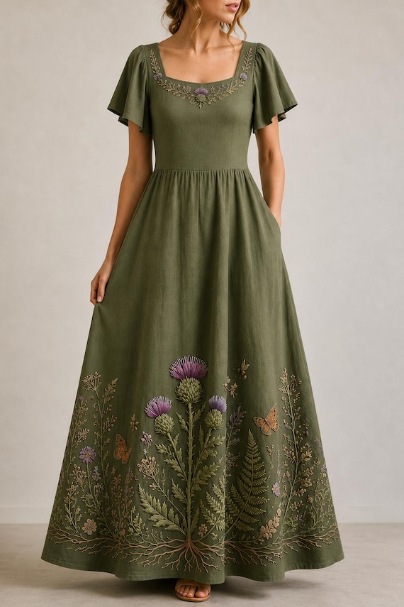 Hand Embroidered Maxi Dress, Cottagecore Linen Dress, Side Tie Dress with Pockets, Boho Floral Dress, Handmade Dress, Custom Fit