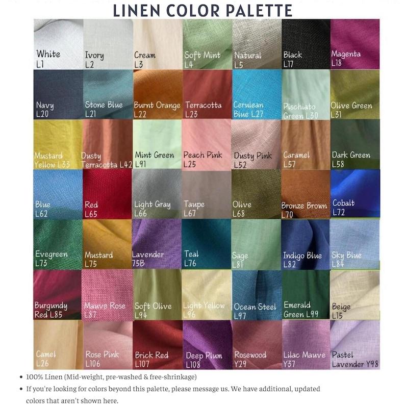 以下が含まれることがあります： LINEN COLOR PALETTEと題された49種類の布地見本グリッド。白、アイボリー、ネイビー、マスタード、赤、エメラルドグリーンなど、さまざまな色が表示されています。各見本には色名とコードが含まれており、下部には100%リネン素材である旨が記載されています。
