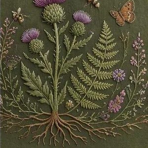 以下が含まれることがあります： オリーブグリーンの生地に、紫色のあざみの花、緑色のシダ、様々な小さな野草が刺繍されています。デザインには、根元に見える茶色の根、小さなハチ、複雑な羽の模様を持つ茶色の蝶が含まれています。