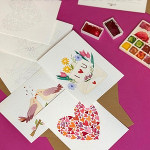 Juego de postales para colorear con acuarela Love / Ilustración hecha a mano lista para pintar Love, páginas para colorear con acuarela