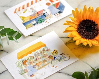Postcards Set of 4 – Multipack Watercolor Art Greeting Cards – Flowers, Florist, Bakery and Grocery - Mini Affordable Art Prints