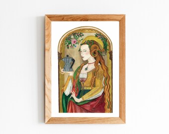 Renaissance Inspired Watercolor Art Print -  Maria Maddalena with Mokapot - Wall decoration, Watercolor Painting Artwork