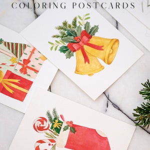 Set de cartes postales à colorier aquarelle festive | Illustration faite main prête à peindre de Noël et nouvel an, cahiers d'exercices à colorier aquarelle