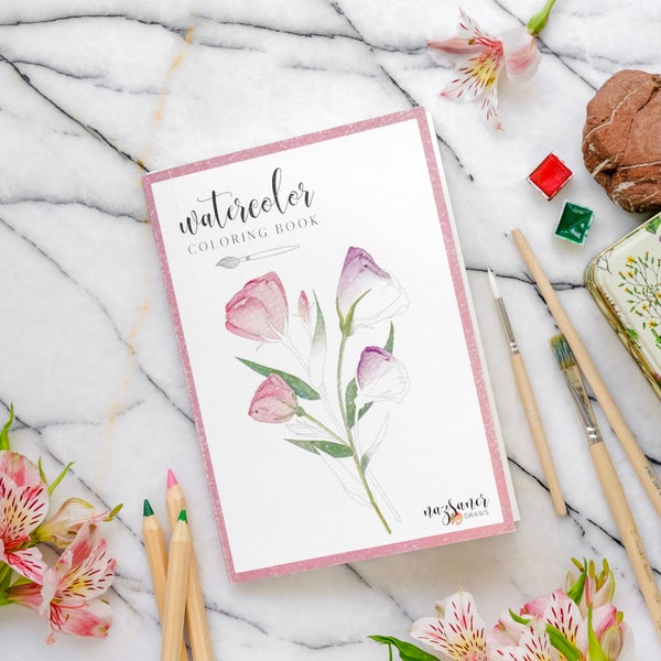 Floral Watercolor Coloring Book | Flowers Handmade Illustration Pages, Adult Coloring Book, Aquarelle Workbook Gift