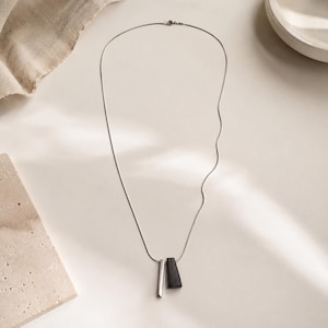 Long Pendant Necklace | Long Silver Necklace | Geometric Stainless Steel & Sandalwood Pendant | Lightweight Modern Statement Necklace