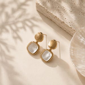 Mother of Pearl Drop Earrings | Gold Plated Brass Dangle Jewelry | June Birthstone Bridal Gift