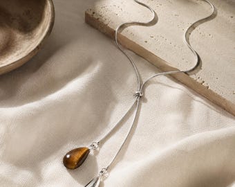 Tiger Eye & Silver Tone Lariat Necklace | Minimalist Statement Jewelry