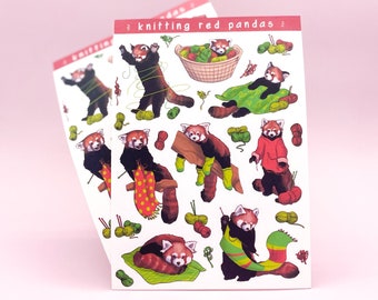 Knitting Red Pandas Sticker Sheet | Cute Red Panda Stickers Knit