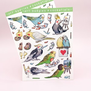 Art Budgies and Cockatiels Sticker Sheet | Artist Budgerigar Cockatiel Parakeet Stickers | Paint Pencil Creative