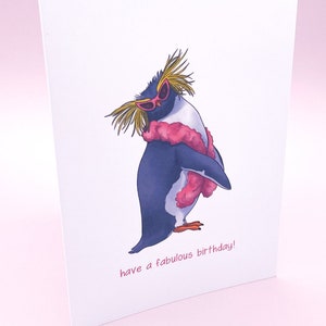 Carte d'anniversaire fabuleuse de pingouin | Carte de voeux rose Rock Hopper de pingouins mignons
