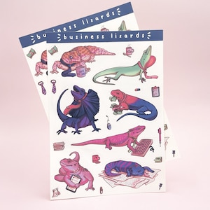 May include: A set of stickers featuring cartoon lizards in various business-themed poses. The stickers are on a white background with the text "business lizards" at the top. The lizards are wearing ties, holding coffee mugs, and using computers.