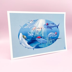 Requins avec chapeaux Impression A5 | Oeuvre d'art durable et respectueuse de l'environnement avec un requin à la mode