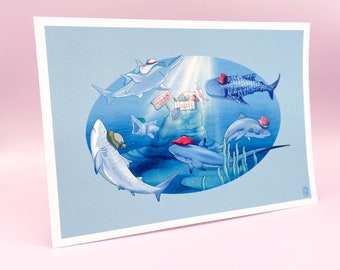 Sharks with Hats A5 Print | Cute Trendy Shark Sustainable Eco-Friendly Artwork