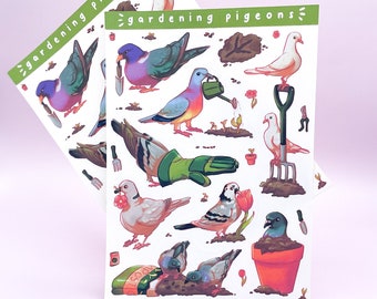May include: Two sticker sheets featuring colorful illustrations of pigeons gardening. The stickers show pigeons with gardening tools, watering plants, and in flower pots. The text "gardening pigeons" is at the top of each sheet.