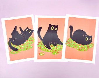 Black Flower Cats A5 Print |  Sustainable Eco-Friendly Artwork