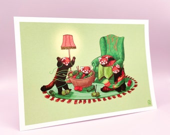 Knitting Red Pandas A5 Print | Cute Red Panda Sustainable Eco-Friendly Artwork