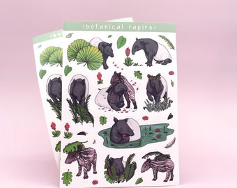Botanical Tapir Sticker Sheet | Tapirs Plants Stickers Plant Forest Cute Gift