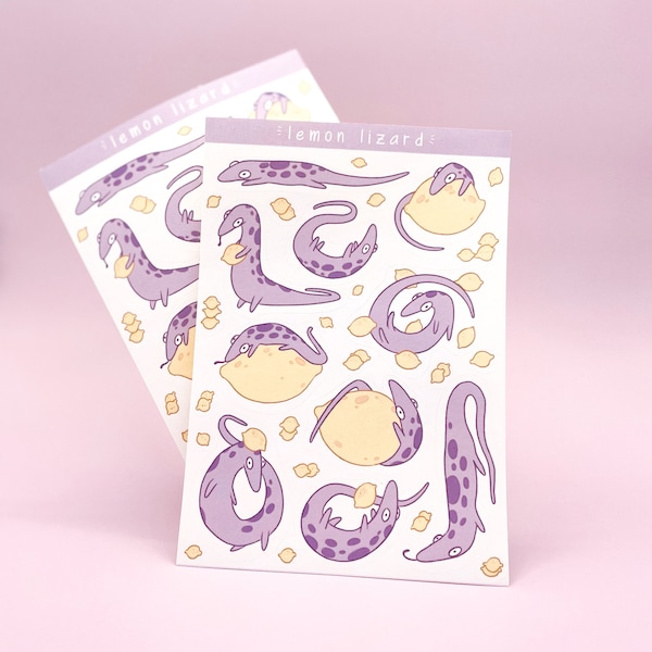 Lemon Lizard Sticker Sheet | Lemons Lizards Reptile Stickers Lilac Cute Yellow Purple Stickers