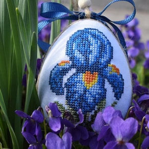 Blue Iris Cross Stitch Easter Egg Ornament with Ribbon – Fabric Spring Tree Hanging, Floral Embroidered Pysanka Home Décor Gift Keepsake