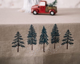 Rectangle Christmas tablecloth, Gold embroidered English Christmas tablecloth, White tablecloth, Farmhouse tablecloth, Minimalist tablecloth