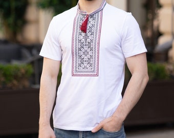 Modern white cotton shirt, Ukrainian T-shirt, Embroidered Ukraine ornament, Slavic men clothing, Polish sorochka, T-shirt for Summer