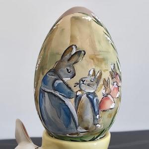 Hand painted easter egg with rabbits, decorative easter egg, bunny easter decor, spring home decoration, easter gift idea