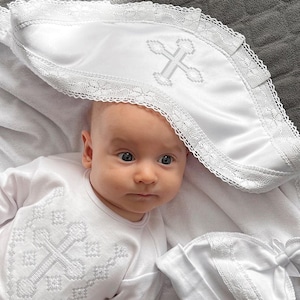 Lace baby baptism blanket, Christening blanket for boy or girl, Baptism gift for baby, Blessing blanket, Cross embroidery baptism blanket Weiß