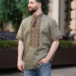Men’s Olive Linen Vyshyvanka Shirt, Short Sleeve Ukrainian Embroidered Top with Stand Collar and Tassel Ties, Traditional Folk Gift