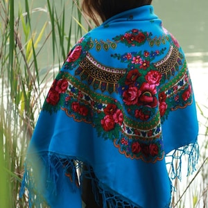 Bright blue floral folk head scarf shawl with fringe, Slavic babushka square scarf wrap, Boho accessory for festivals & daily style
