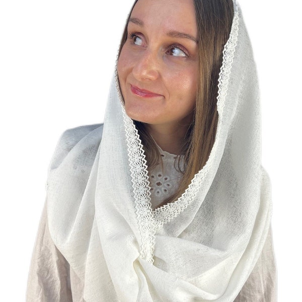 Cotton veil with lace, Wedding head veil, Infinity veil, Catholic mantilla, Church veil, Wedding veil, Church head covering, Christian scarf