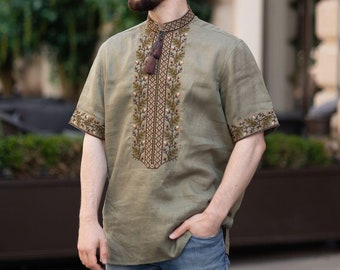 Men's Olive Linen Vyshyvanka Shirt, Ukrainian Embroidered Folk Top