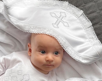 Lace baby baptism blanket, Christening blanket for boy or girl, Baptism gift for baby, Blessing blanket, Cross embroidery baptism blanket