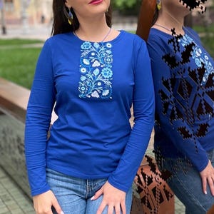Blue long sleeve shirt with Ukrainian folk embroidery print, Floral slavic design top, Comfortable casual blouse with traditional motifs