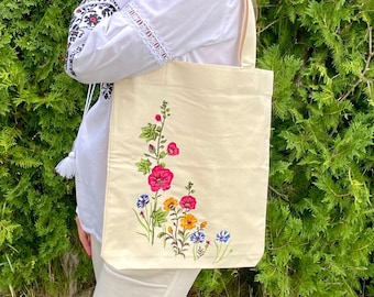 花柄刺繍のキャンバスハンドバッグ Amazon | WADORN DIY刺繍キャンバスバッグキット、花柄入り