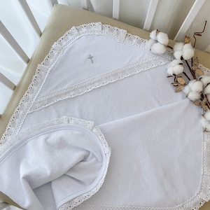 White baptism towel with lace, Elegant Christening towel, Soft cotton baby cloth, Orthodox Christian baptism gift, Religious ceremony towel