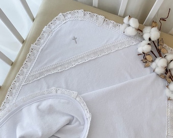White baptism towel with lace, Elegant Christening towel, Soft cotton baby cloth, Orthodox Christian baptism gift, Religious ceremony towel