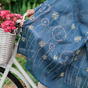 Blue linen embroidered wildflower scarf shawl – Lightweight boho wrap for women, Botanical meadow dandelion pattern head covering scarf